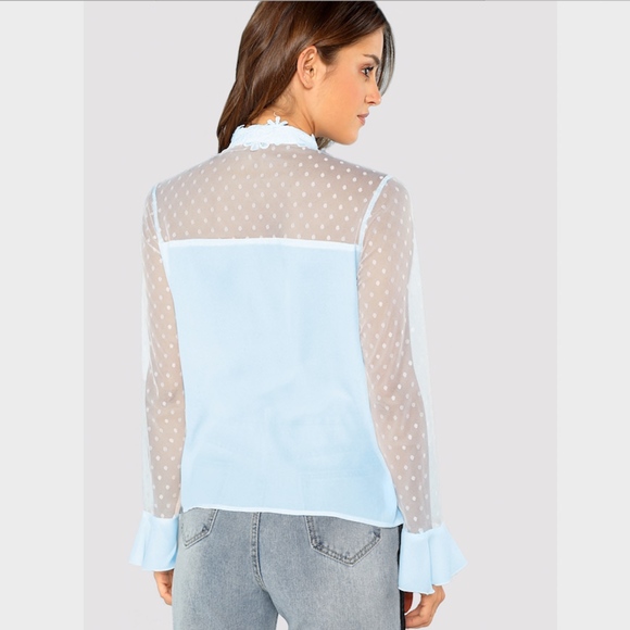 Tie Neck Dot Sheer Yoke Lace Applique Blouse - Picture 3 of 7